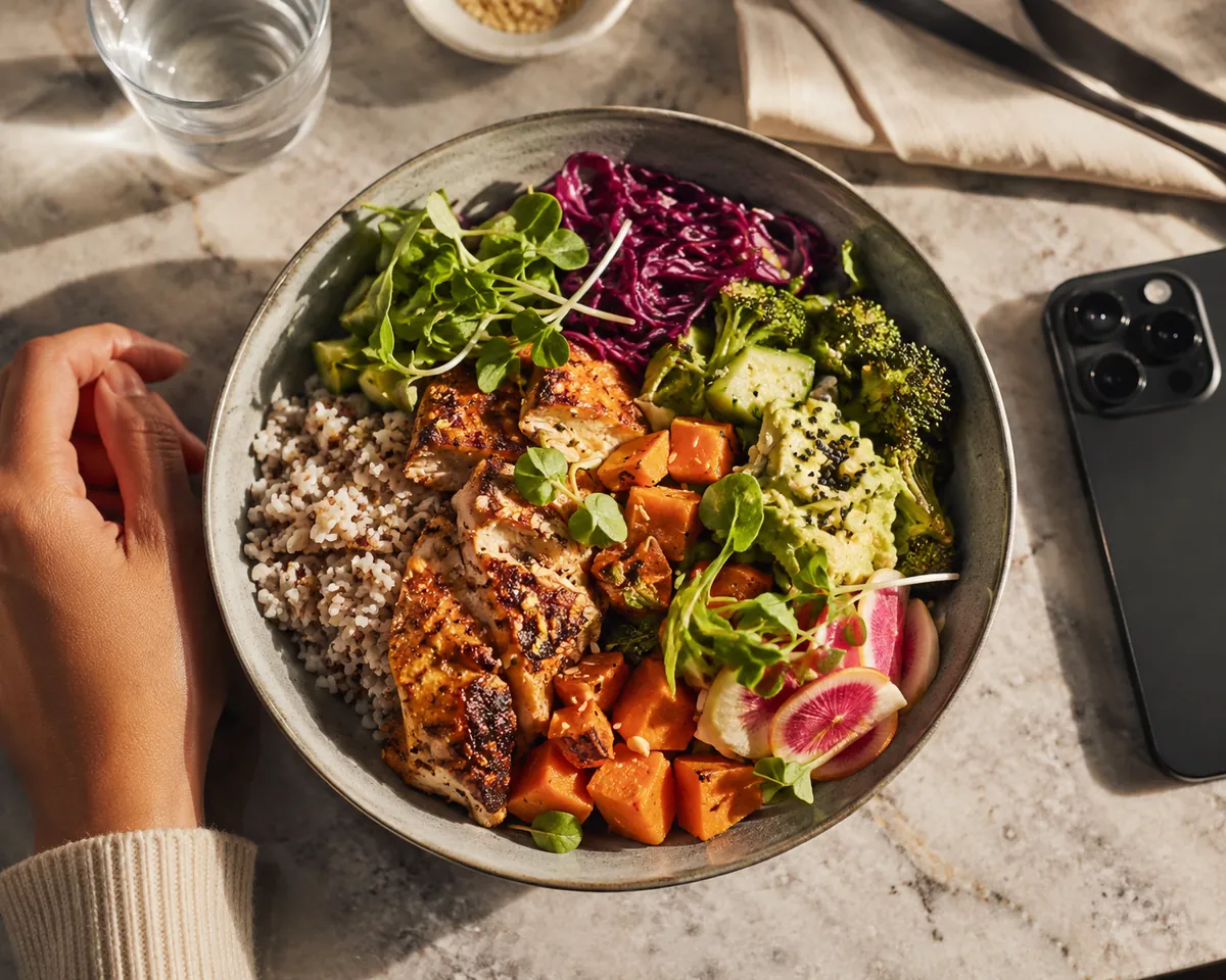 A grain bowl next to a phone