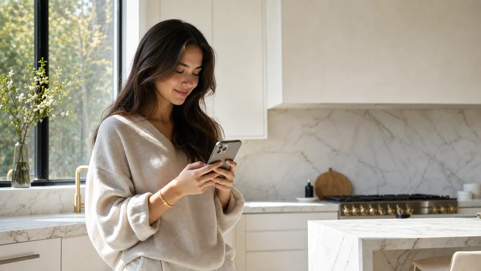 A woman texting from her kitchen