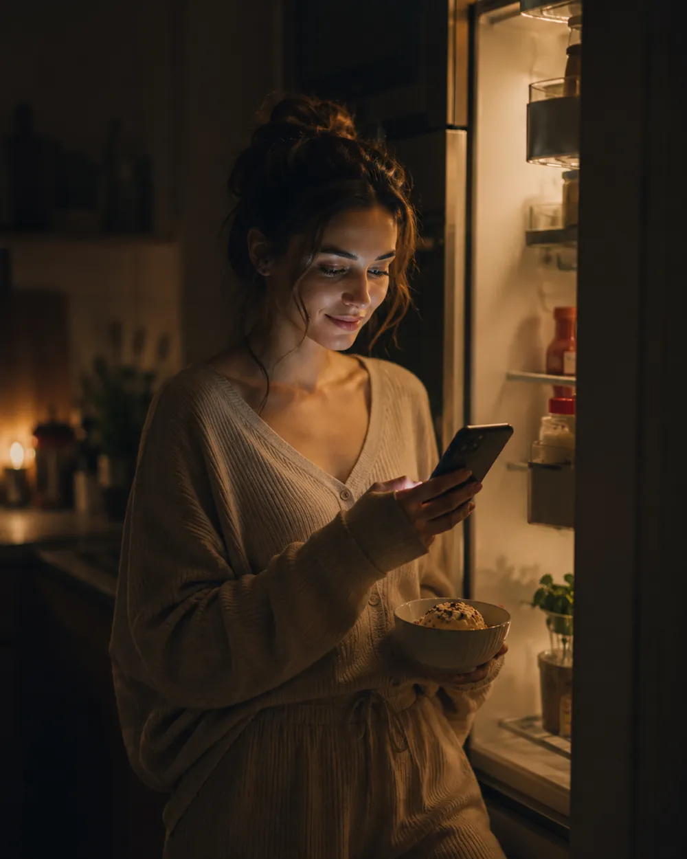 Someone checks their phone by the open fridge at night