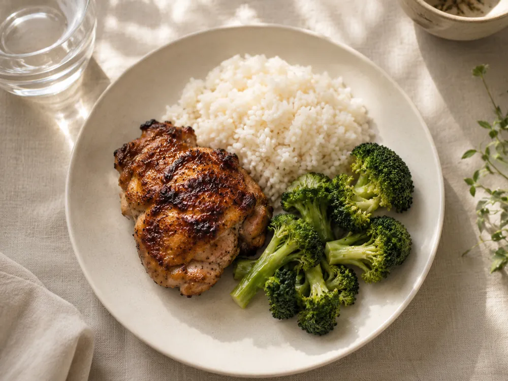 Photo of a plate of grilled chicken, rice and broccoli