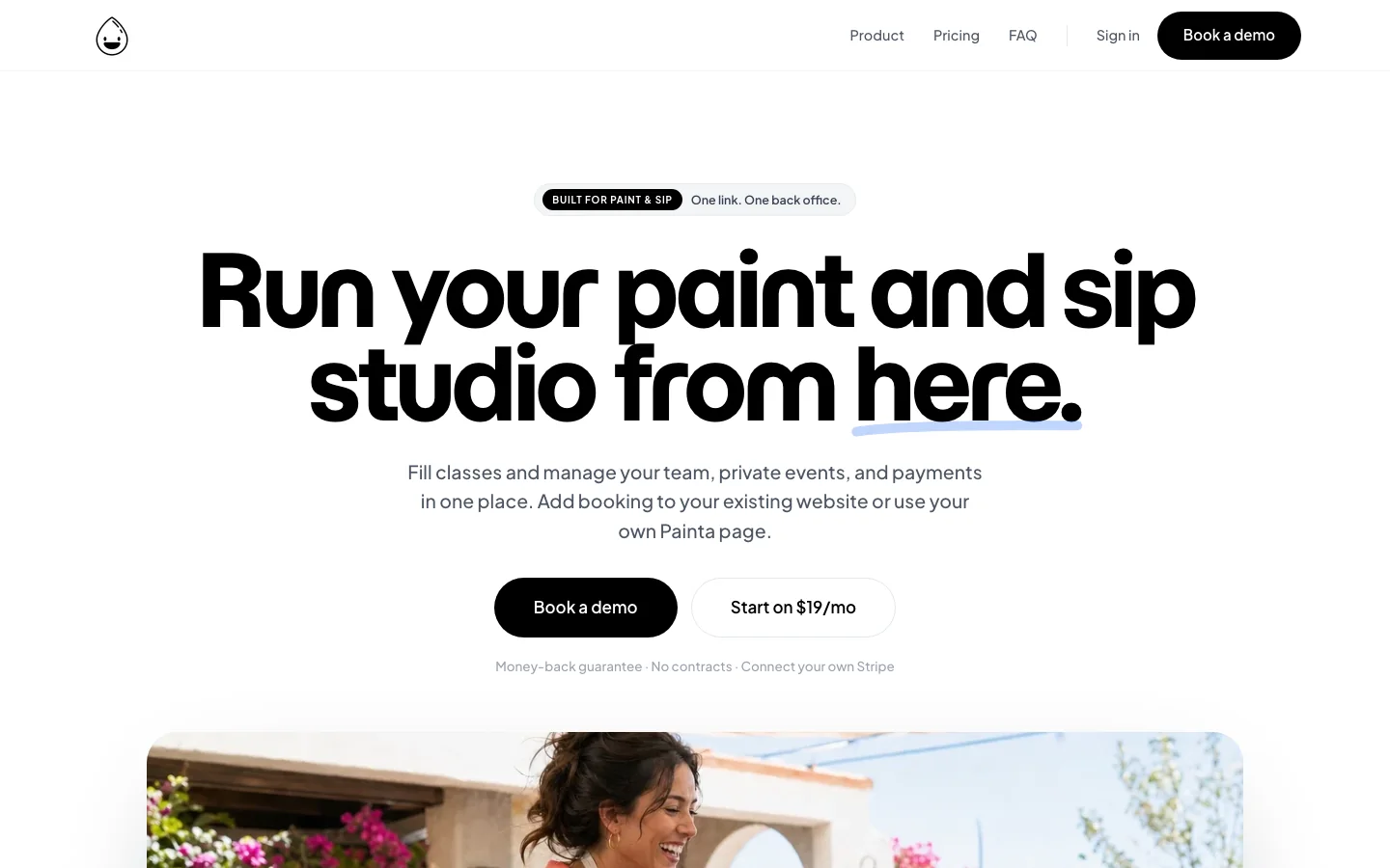 The painta.co homepage: Run your paint and sip studio from here.