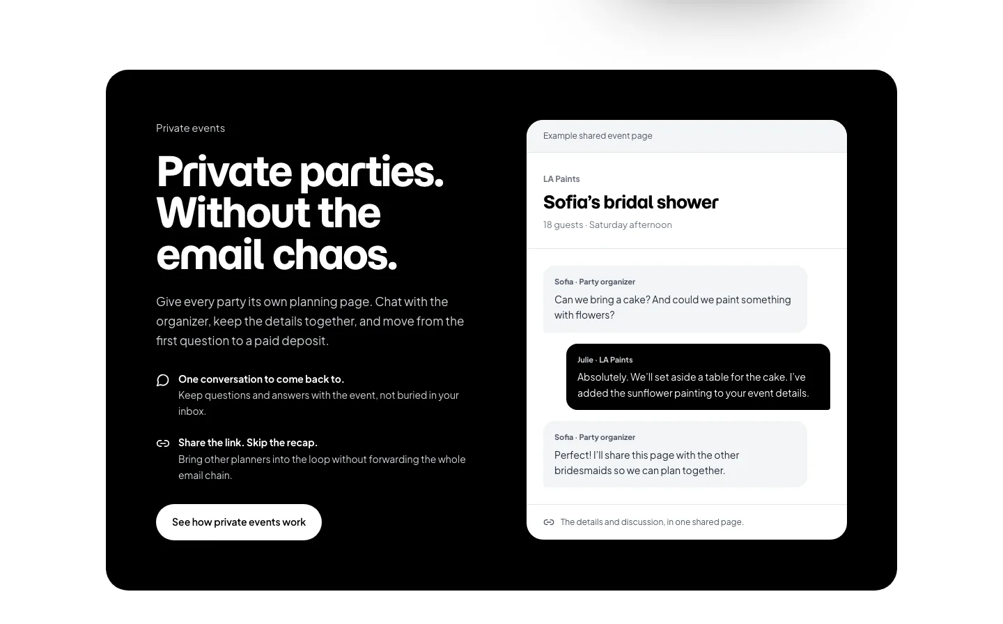Private parties. Without the email chaos. A shared planning page for a bridal shower