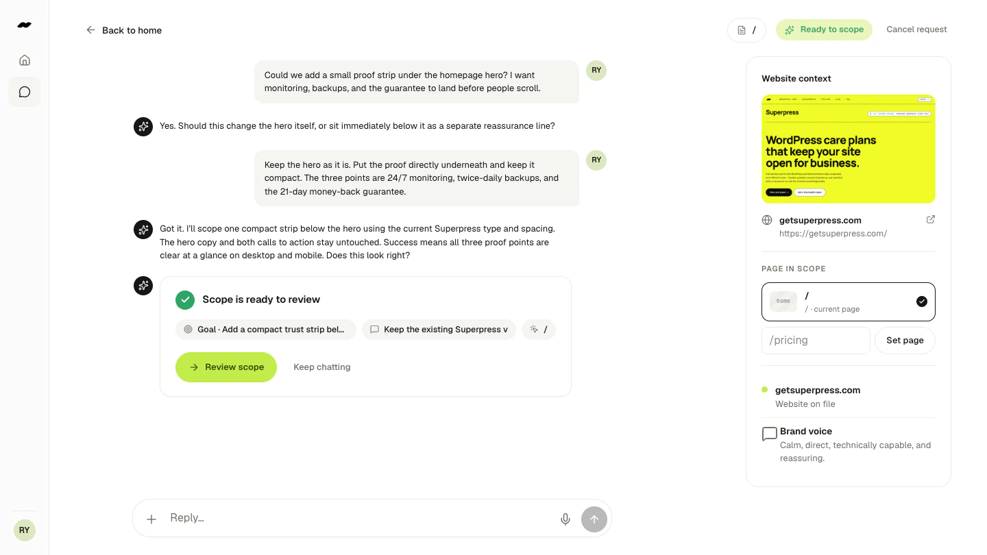 A client conversation shaping a website request into scope